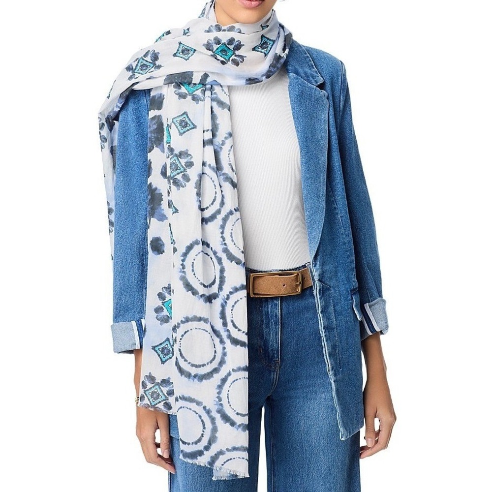 Echo Women Scarf OS Blue Batik Patch Geometric Frayed Edge Cozy Wrap Luxury NWT